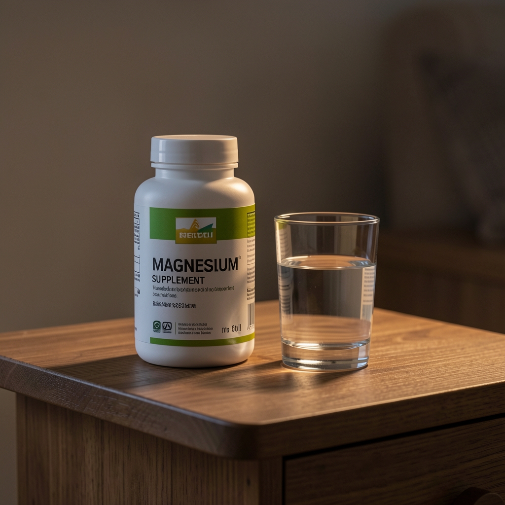Magnesium supplement bottle and a glass of water on a wooden side table at night, soft ambient light, editorial composition