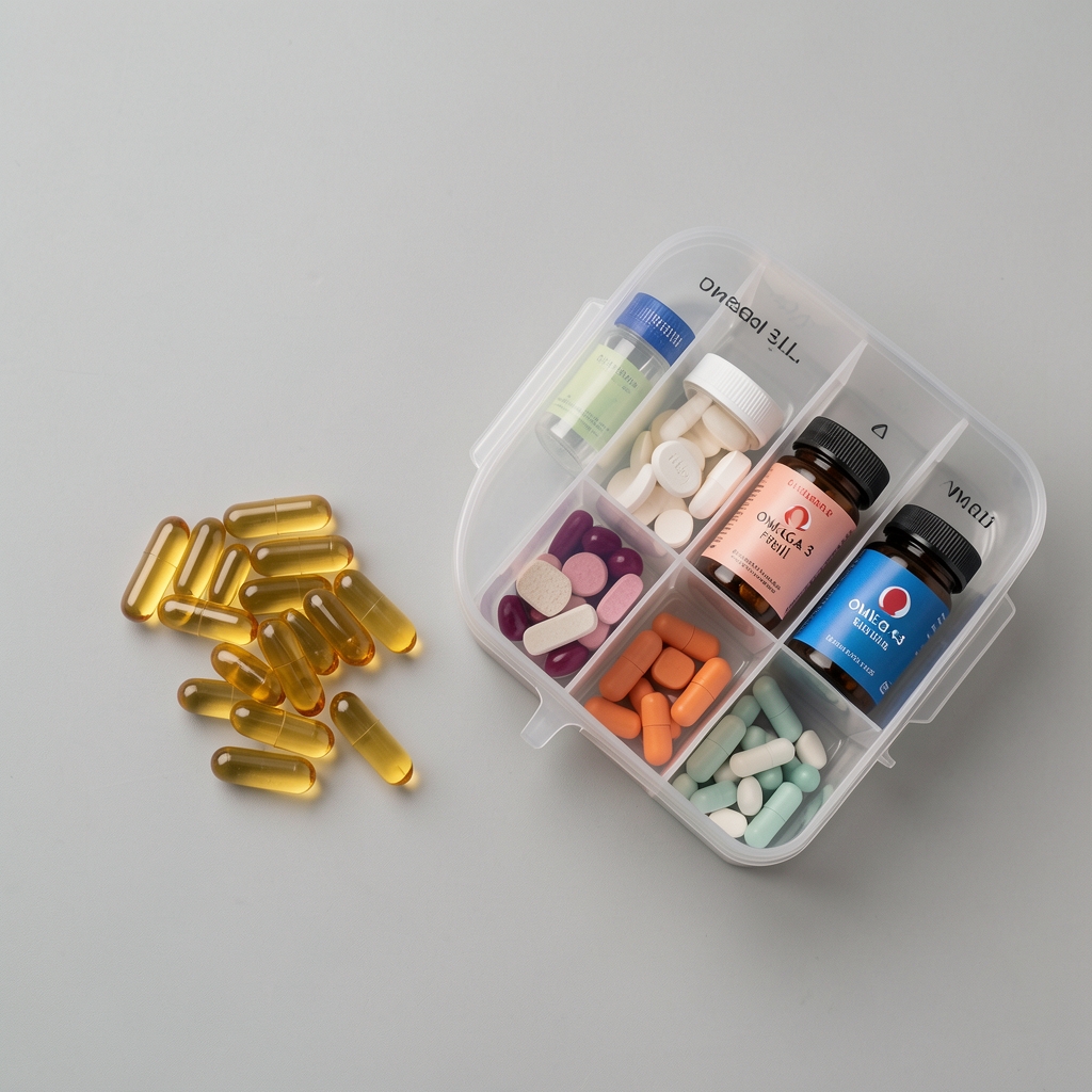Omega-3 fish oil supplement portions beside a weekly supplement organiser, overhead composition, editorial neutral background
